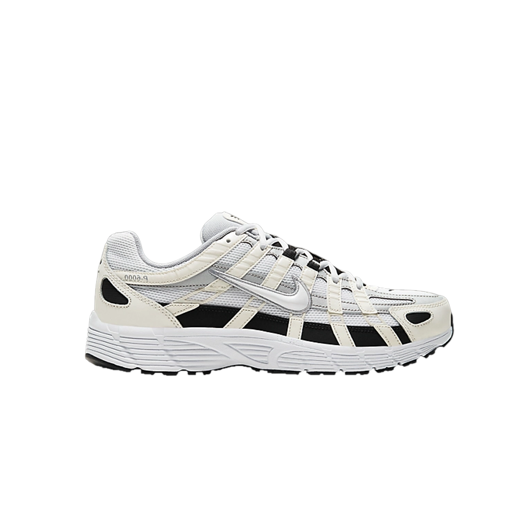 JeevzPlug Nike P-6000 sneaker in sail, wolf grey, and white with black mudguard and mesh upper side profile view